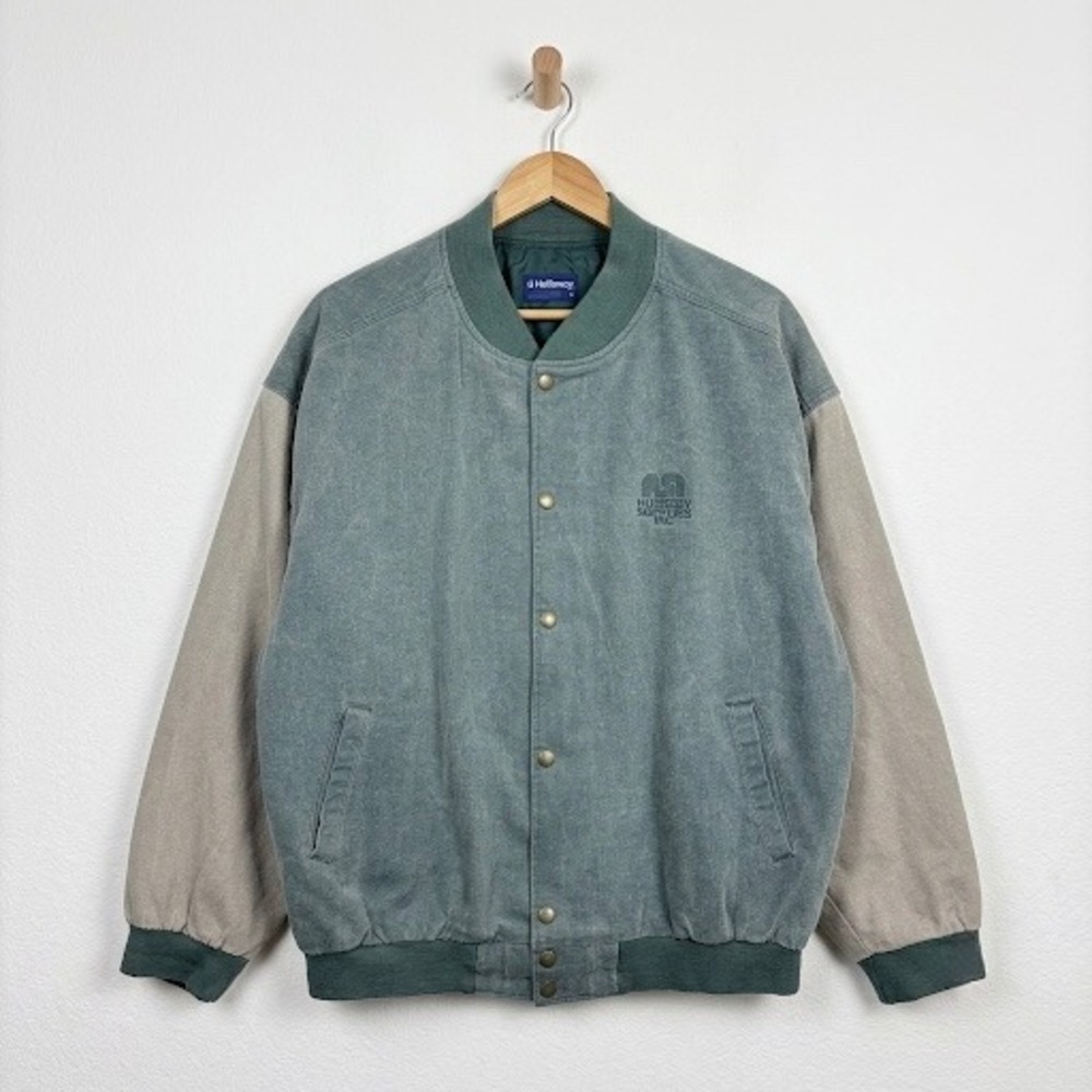 ⁠Vtg Holloway Mens‎ XL Faded Green Canvas Bomber Jacket Colorblock USA Varsity